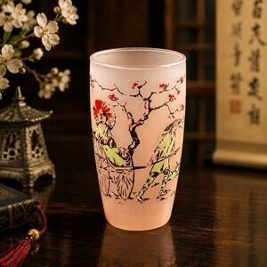Frosted Asian Geisha Drinkware Highball Tumbler Satin Glass 5” Peach Pink